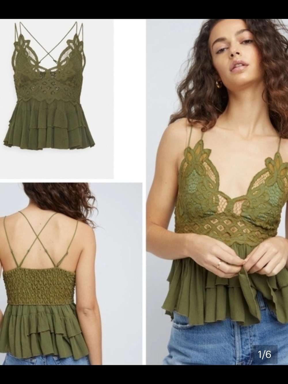 Free People Olive Green Lace Peplum Cami Top